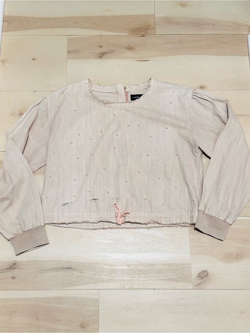 Mustard Seed distressed cropped top L pearls Ivory, Cream Cottagecore Boho-chic